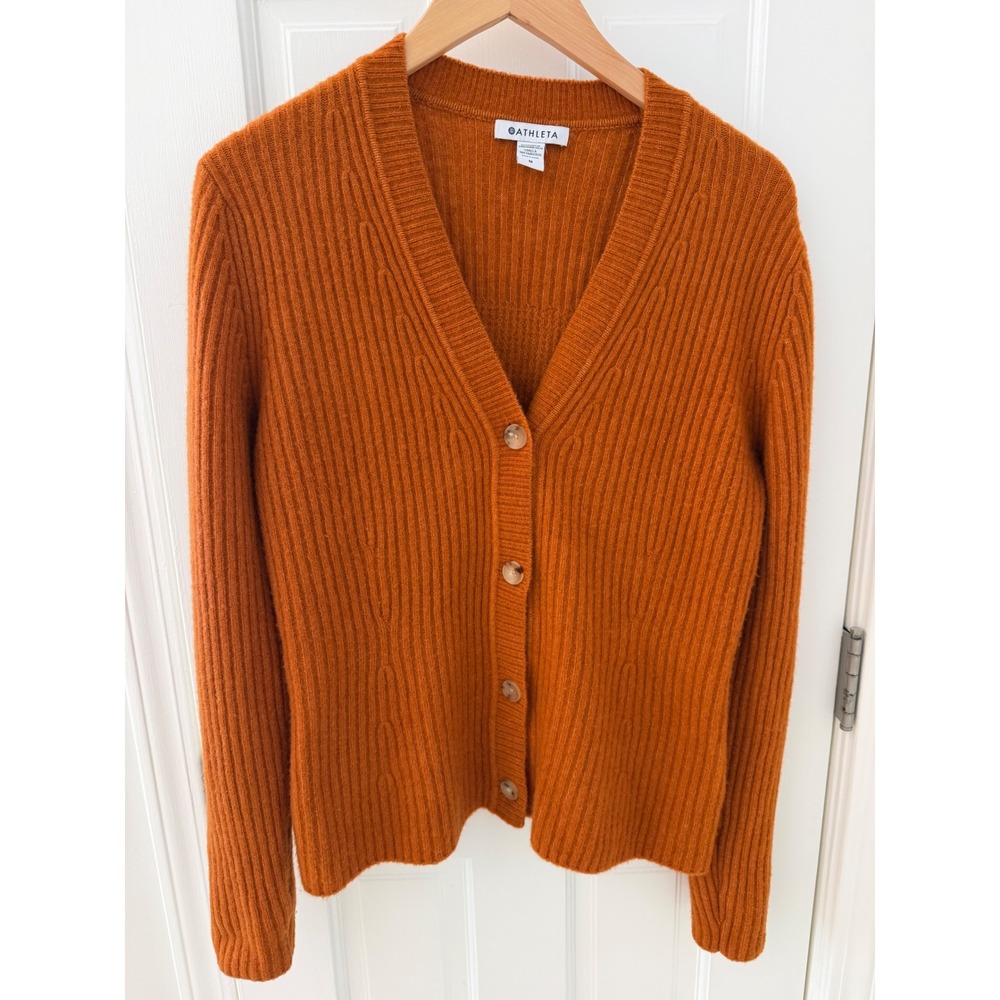 Athleta Layover Ribbed V-Neck Cardigan Sweater Orange M Merino Wool Fall